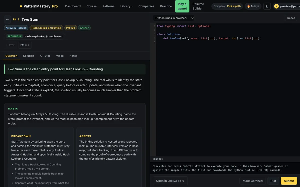 Problem workspace with in-browser Python editor